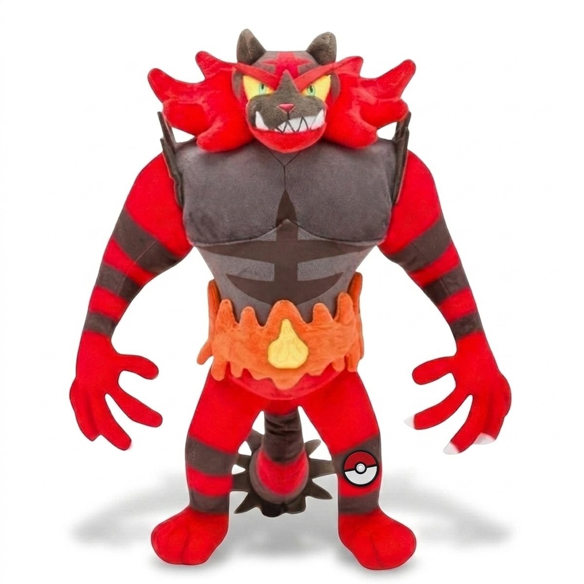 Peluche Incineroar con distintivo che prova l'autenticità del prodotto.
