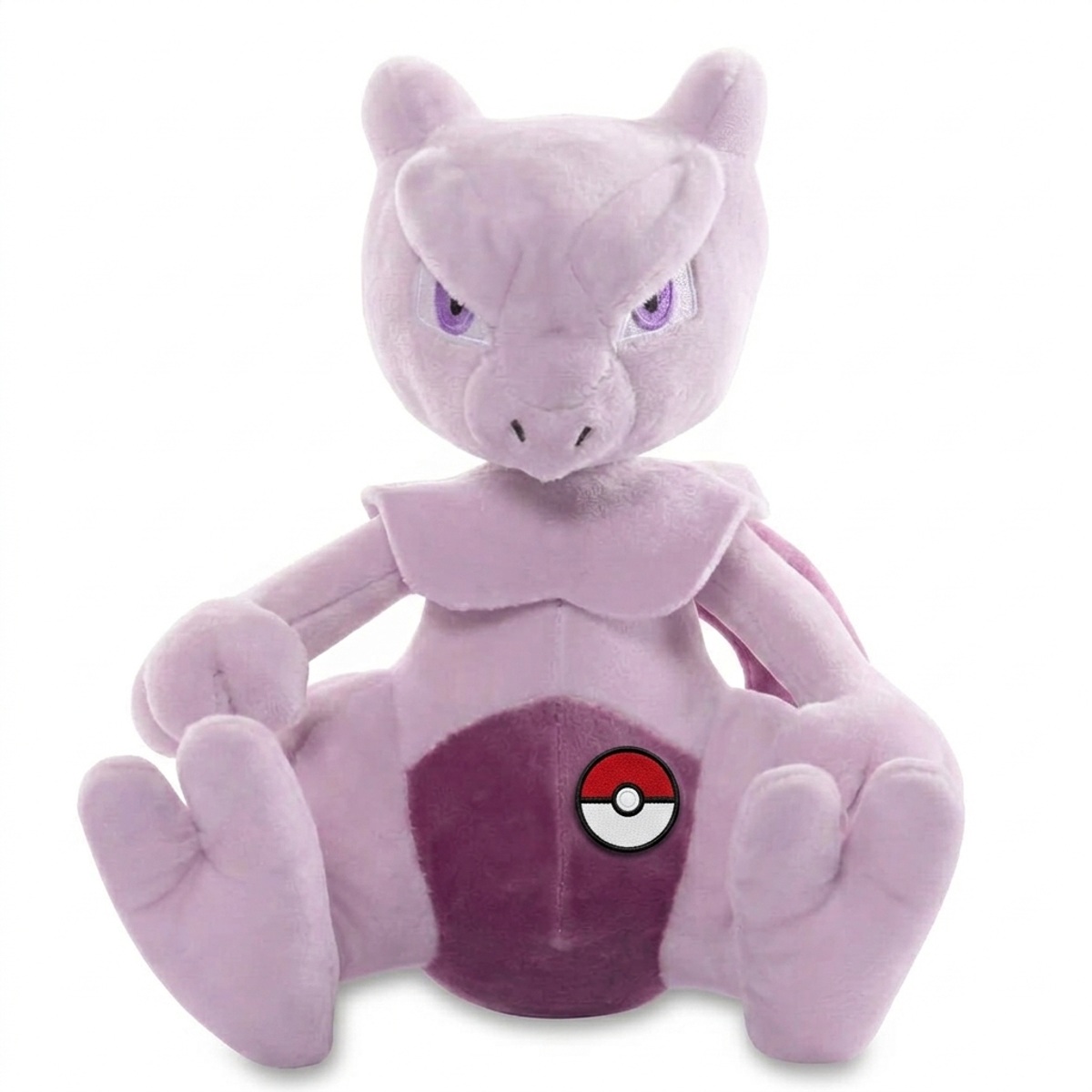Peluche Mewtwo con distintivo che prova l'autenticità del prodotto.