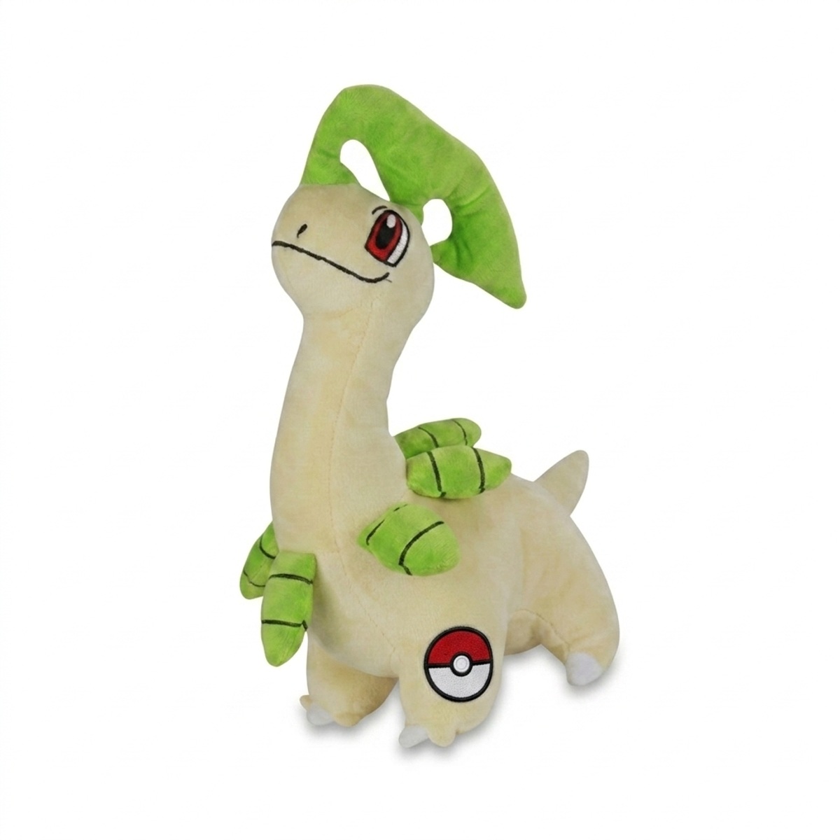 Peluche Bayleef con distintivo che prova l'autenticità del prodotto.
