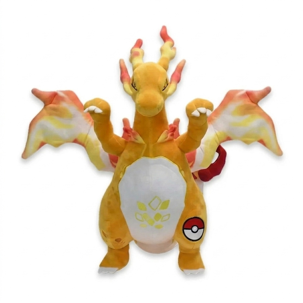Peluche Charizard con distintivo che prova l'autenticità del prodotto.