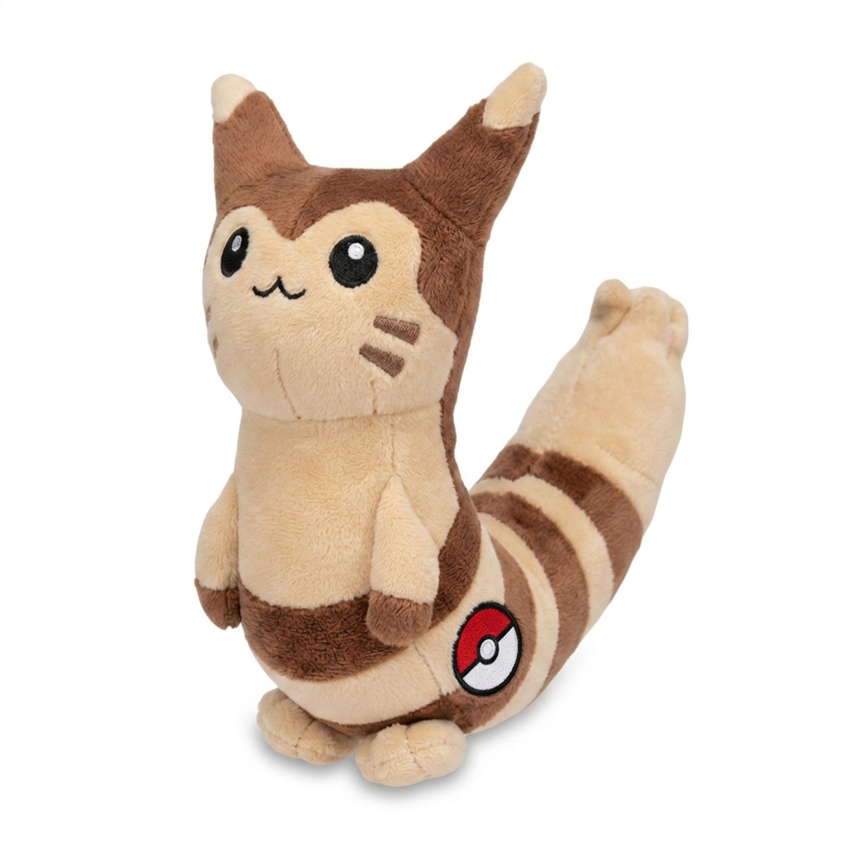 Peluche Furret con distintivo che prova l'autenticità del prodotto.