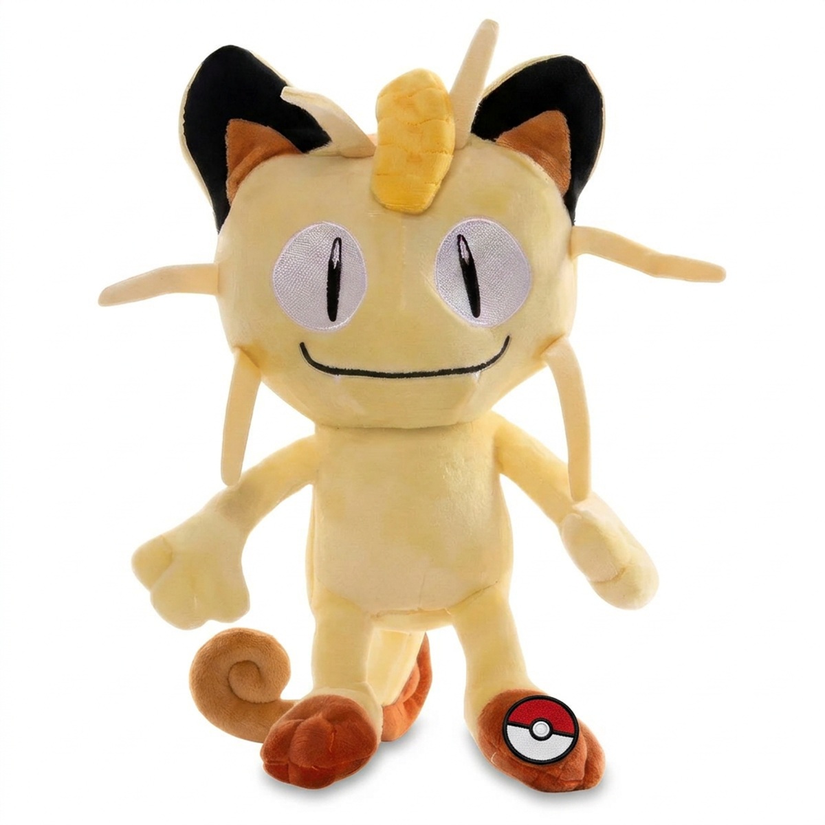 Peluche Meowth con distintivo che prova l'autenticità del prodotto.
