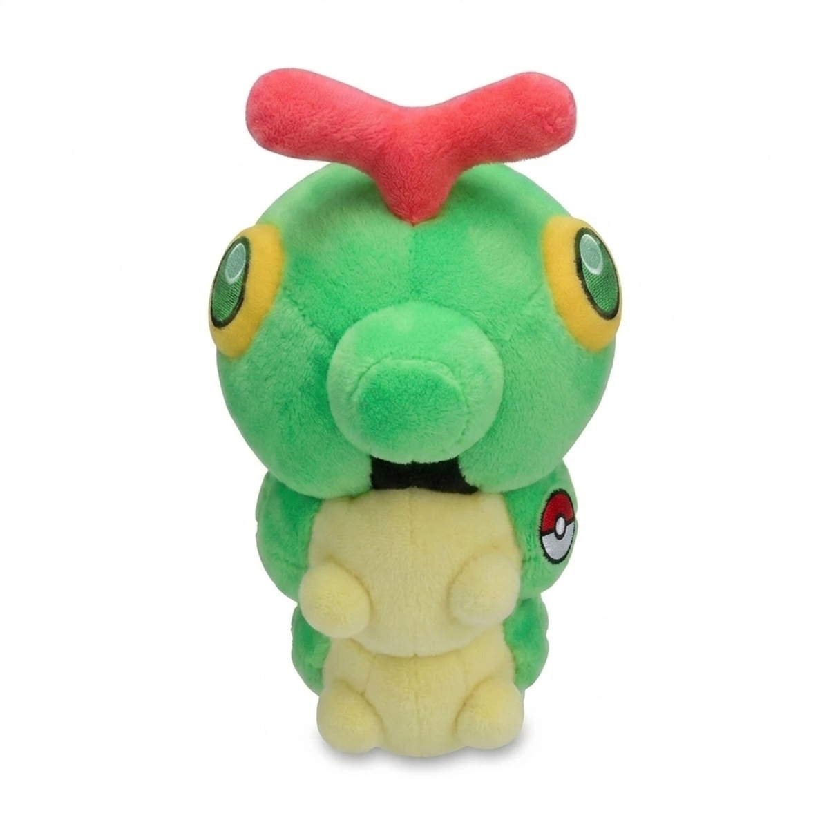 Peluche Caterpie con distintivo che prova l'autenticità del prodotto.