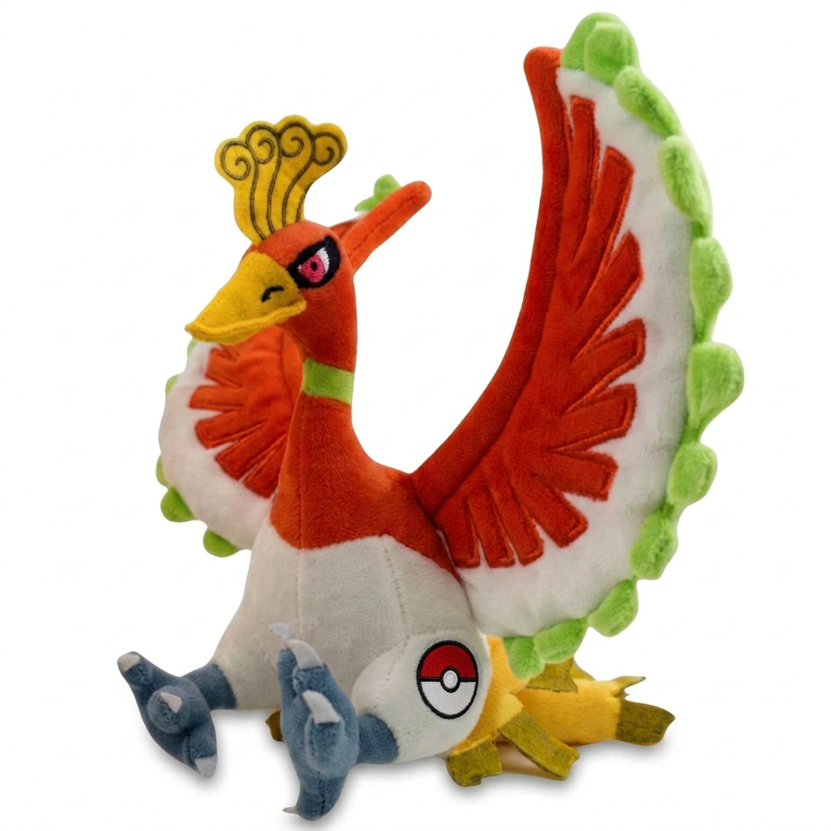 Peluche Ho-Oh con distintivo che prova l'autenticità del prodotto.