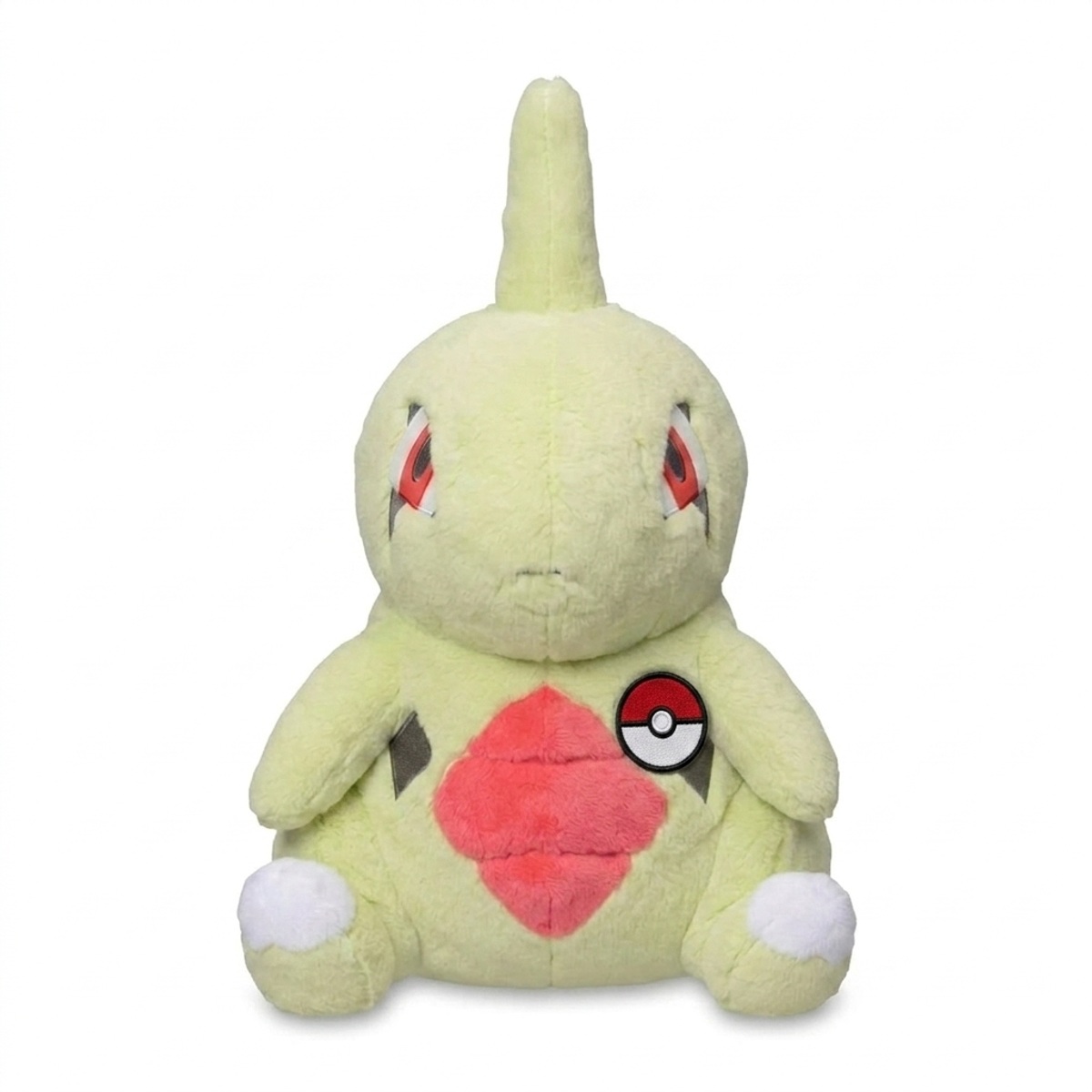 Peluche Larvitar con distintivo che prova l'autenticità del prodotto.
