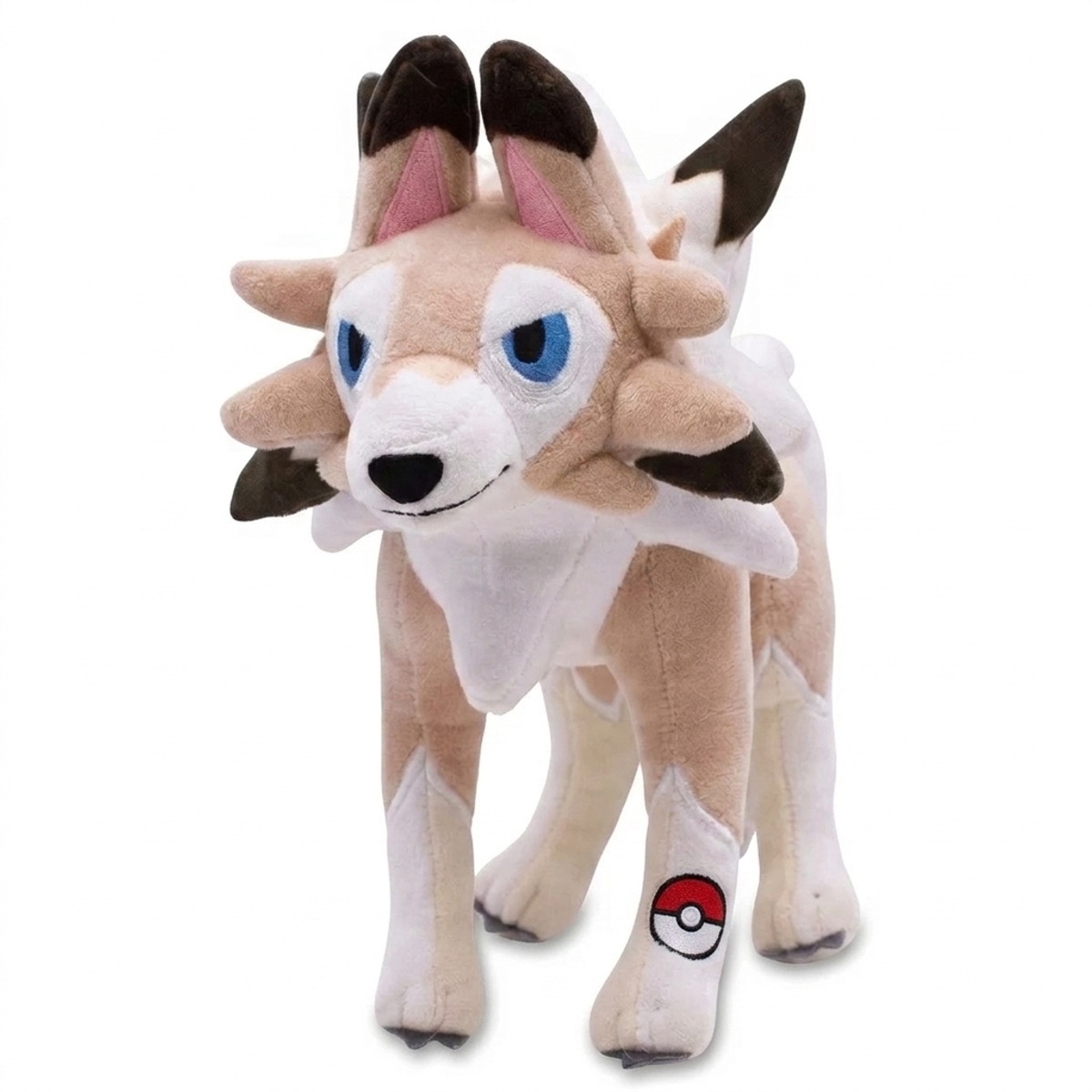 Peluche Lycanroc con distintivo che prova l'autenticità del prodotto.