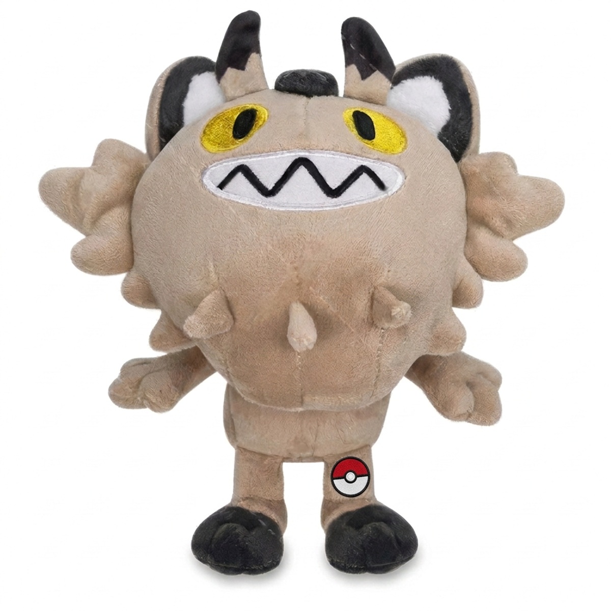 Peluche Meowth con distintivo che prova l'autenticità del prodotto.